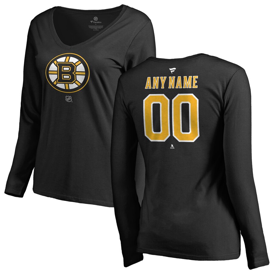 Custom Boston Bruins Women's Navy Name and Number Banner Wave V-Neck T-Shirt  