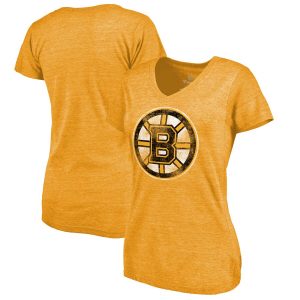 Boston Bruins Women’s Distressed Team Primary Logo V-Neck Tri-Blend T-Shirt – Gold